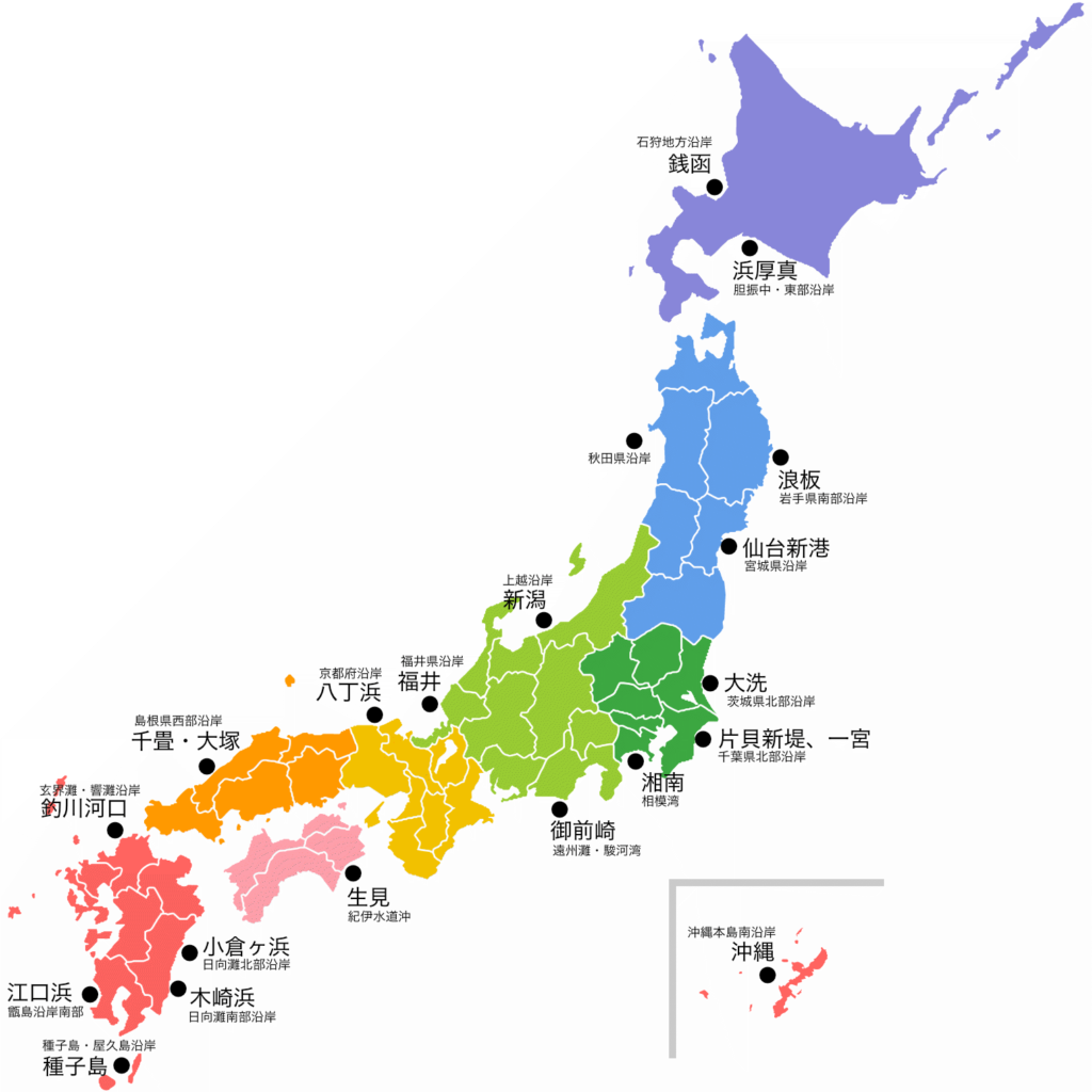 日本地図＋日本各海域の海面水温ポイント（エリア）