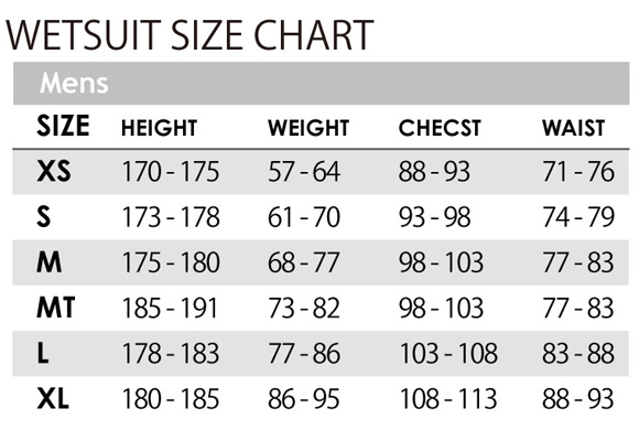 OCEAN&EARTHウェットスーツ MENS WETSUIT SIZE CHART