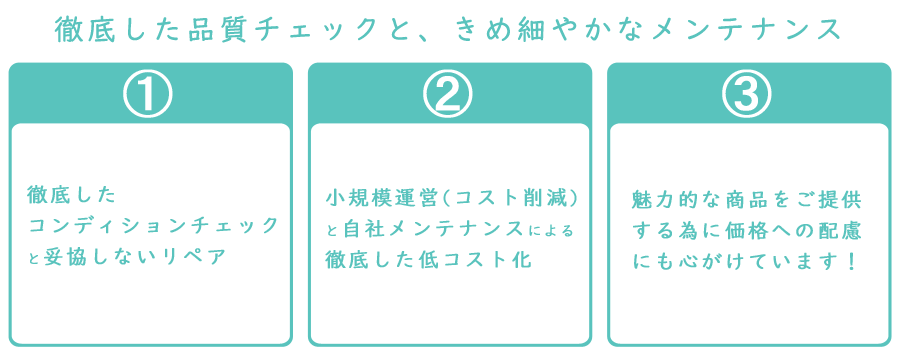 徹底した品質チェックと、きめ細やかなメンテナンス １）徹底した コンディションチェック と妥協しないリペア ２）小規模運営(コスト削減) と自社メンテナンスによる 徹底した低コスト化 ３）魅力的な商品をご提供 する為に価格への配慮 にも心がけています！