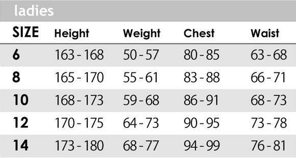 OCEAN&EARTH ウェットスーツ LADIES サイズチャート